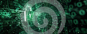Digital security background with a 3D padlock, data streams, and matrix code on a dark green