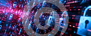 Digital security background featuring a futuristic interface, digital locks, and binary code