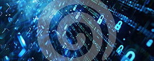 Digital security background featuring a futuristic interface, digital locks, and binary code