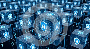 Digital security blockchain concept with shield lock and binary code cubes