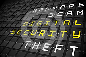 Digital security buzzwords on black mechanical board