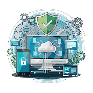 Digital security and cloud computing technology network protection concept with devices