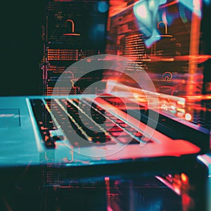 Digital security concept: abstract laptop image with glowing firewall symbols