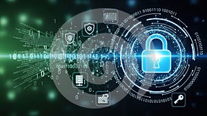 Digital security concept with binary code and glowing padlock symbol surrounded by blue lock shield