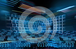 Digital binary code security concept, keyboard on the move