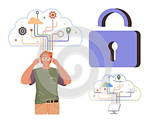 Digital Security Concept with Cloud Computing, Lock, and Thoughtful Person