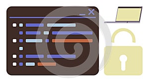 Digital Security Concept with Coding Screen, Laptop, and Lock Symbol