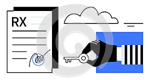 Digital Security Concept with Cloud Storage, Hand Holding Key, and Document Authentication