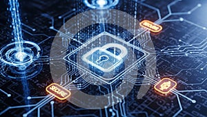 Digital security concept with glowing padlock and binary code on a circuit board background
