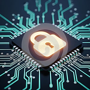 Digital security concept glowing padlock on a microchip