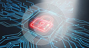 Digital Security Concept with Glowing Red Padlock on a Circuit Board with Binary Code technology
