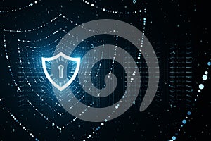 Digital security concept with glowing shield icon in binary code stream on dark background.