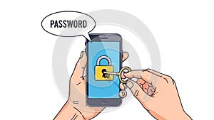 Digital security concept illustration: a hand unlocking a smartphone using a key for password access