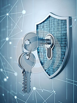Digital security concept with key padlock and shield. Cyber protection and data encryption