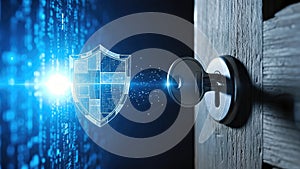 Digital security concept with key padlock and shield. Cyber protection and data encryption