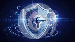 Digital security concept with key padlock and shield. Cyber protection and data encryption