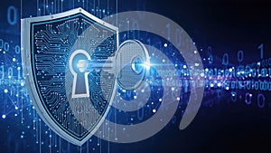 Digital security concept with key padlock and shield. Cyber protection and data encryption