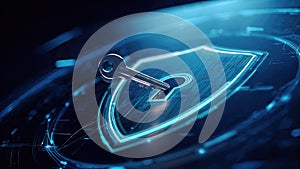 Digital security concept with key padlock and shield. Cyber protection and data encryption