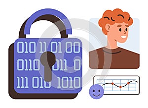 Digital Security Concept with Lock, Binary Code, User Profile, and Analytics Chart