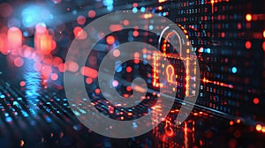 Digital Security Concept with Lock Symbol and Binary Code Representing Mitigating Risks in Cybersecurity