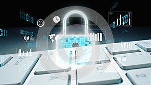 Digital Security Concept with Lock Symbol and Data Visualization on Keyboard Representing cyber security and Data