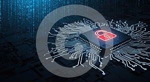 Digital security concept locked processor chip with binary code background