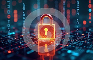 Digital security concept. Padlock on circuit board. Binary code visible in background. Modern tech. Cybersecurity image.