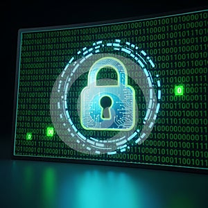 Digital Security Concept with Padlock Icon on Binary Code Background