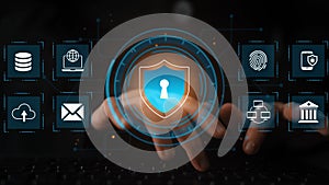 Digital Security Concept with Shield Icon, Lock Symbol, and Various Elements Representing Cybersecurity and Data