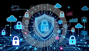 Digital Security Concept with Shield Lock and Data Visualization Against Dark Background