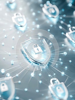 Digital security and data protection concept with interconnected shield and padlock elements