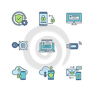 digital security and data protection icon set: mobile privacy, secure access, cloud computing, and cybersecurity concepts