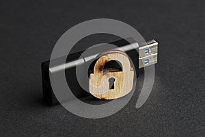 digital security for electronic privacy data concept. dark moody photo. black usb stick with wooden lock over matte
