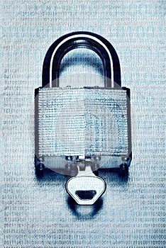 Digital security and encryption with binary code overlaid on steel padlock and key
