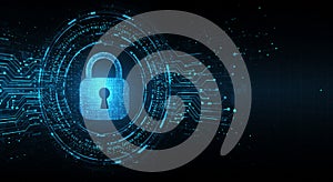A digital security illustration featuring a central padlock icon, symbolizing data