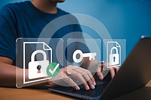 Digital Security Illustration with Laptop, Secure Documents, and Access Icons