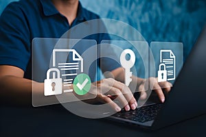 Digital Security Illustration with Laptop, Secure Documents, and Access Icons
