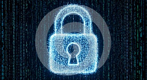 Digital Security and Information Protection Concept with Glowing Padlock, Binary Code and Network Technology Background