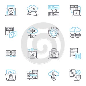 Digital security linear icons set. Encryption, Passwords, Vulnerabilities, Hackers, Malware, Firewall, Phishing line photo