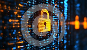Digital Security Lock On Binary Code Background, Cybersecurity Concept. 3D Illustration