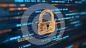 Digital Security Lock on Binary Code Background, Cybersecurity and Data Protection Concept.