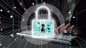 Digital Security Lock Concept with Binary Code, cyber security Elements, Technology Background, and Hands on Keyboard in