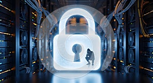 Digital Security Lock in Data Center with Network Cables and Servers