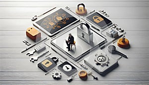 Digital Security Lock and Gear Icons on Virtual Interface