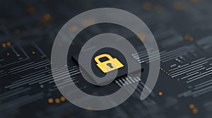 Digital security lock icon on a dark background with circuit patterns representing cybersecurity and data protection