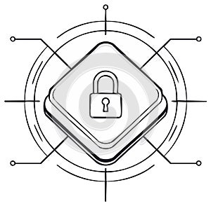Digital Security Lock Icon with Network Connections and Abstract Circles