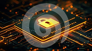 Digital security with a lock symbol on a microchip