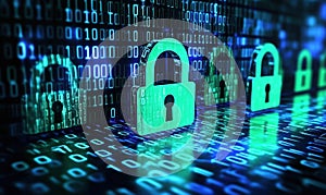 Digital security locks with a binary code background, representing data protection, encryption, and information security
