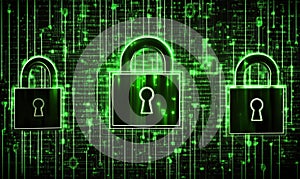 Digital security locks on green data background, representing cybersecurity, encryption, and data protection in