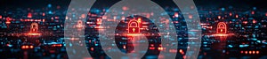 Digital security with multiple glowing locks protecting virtual data network photo